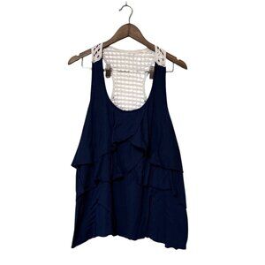 Navy Blue Sleeveless Tank Top With Crochet Back & Layered Ruffle Front - Womens